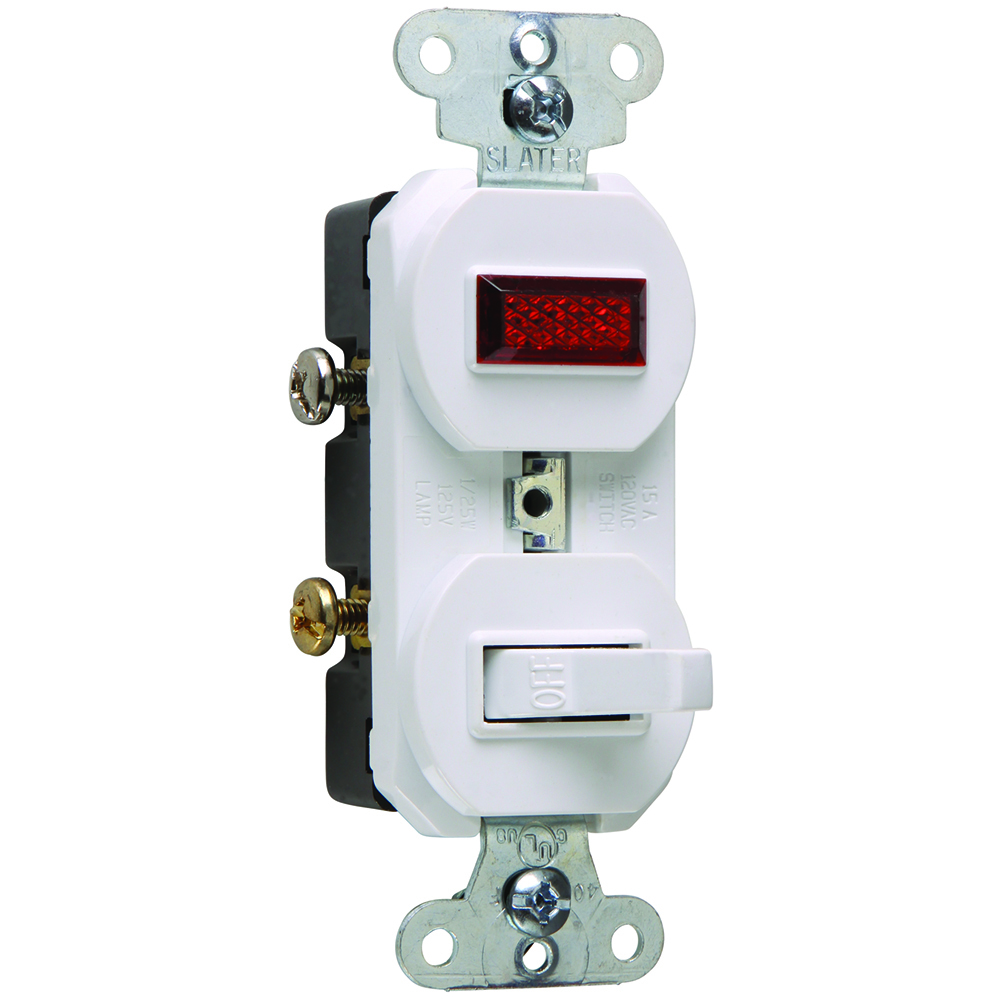 15 amps, 120 volts, Single Pole, Single Pilot Light, Combination Switch, Non-Grounding, White.