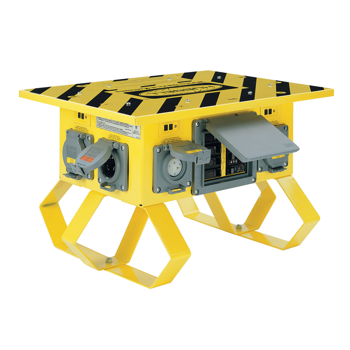 Temporary Power Products, Spider Portable Power, Complete Unit, Straight Blade Style, With 7) 20A 125V Receptacles- 1) 30A 125/250V Inlet and Outlet, Yellow