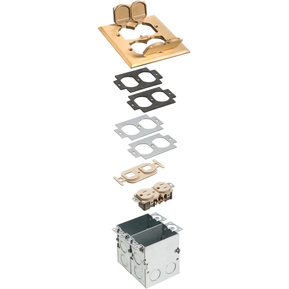 A combination floor box kit with installed low voltage divider. Includes four flip lids and gasket, One duplex receptacle and one low voltage duplex plate. Brass.