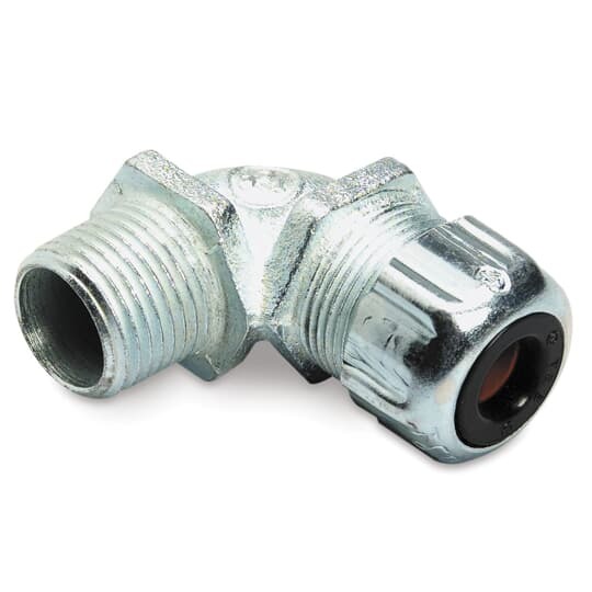 Liquidtight Strain Relief Cord Connector, 3/4 Inch, 90 Degree Bend, Meets Coast Guard CG293, Cord Range 0.250 to 0.375 Inch, Malleable Iron