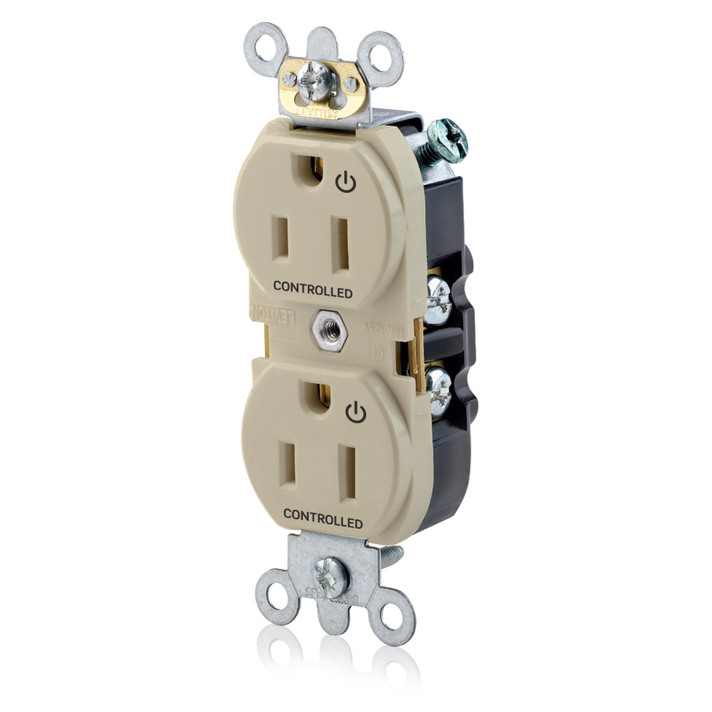 Duplex Receptacle Narrow Body Design. 2-pole 3-wire. Nema 5-15R. 15A-125V. Flat Face. Back And Sidewired. Industrial Spec Grade, Self Grounding. 2 Plugs Controlled Markings - Ivory