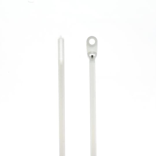 Integrated Mounting Hole Cable Tie, Natural Polyamide (Nylon 6.6) for Temperatures up to 85 Degrees Celsius (185 F) for Indoor Applications, Length of 198mm (7.8 Inches), Width of Width of 4.6mm (0.18 Inch), Thickness of 1mm (0.04 Inches), Tensile Strength Rating of 222 Newtons (50 Pounds), #10 Screw for Mounting