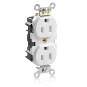15 Amp, 125 Volt, Narrow Body Duplex Receptacle, Straight Blade, Fed Commercial Grade, Lev-Lok, Self Grounding, White