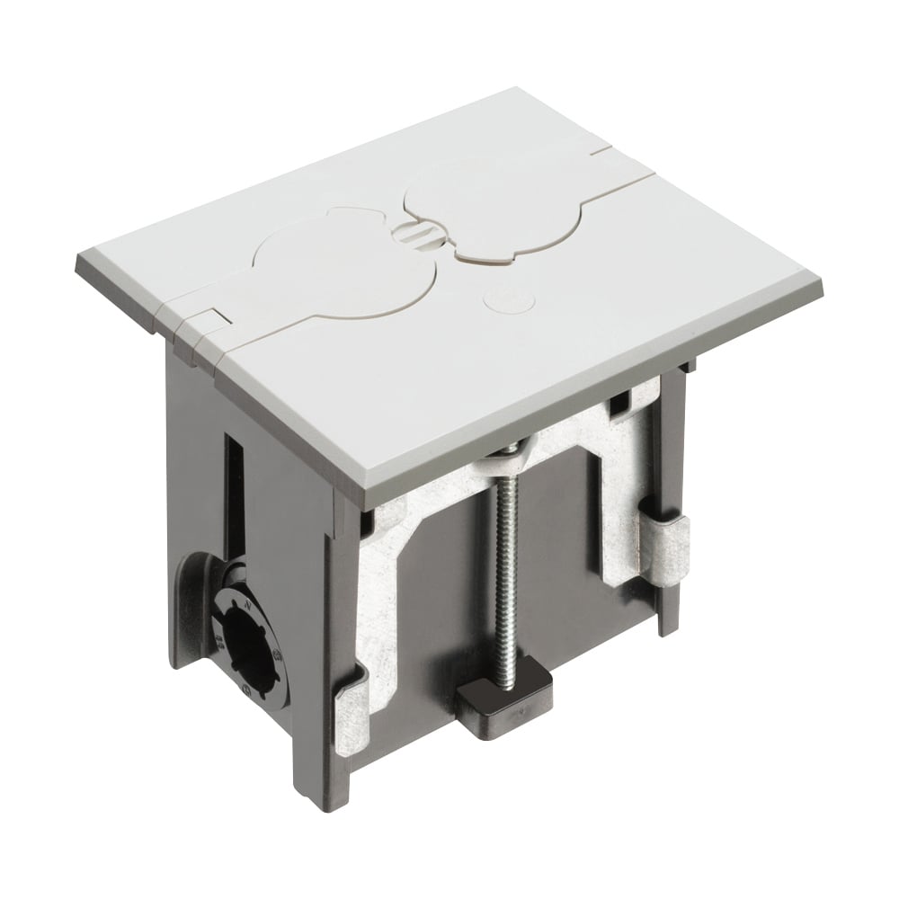 Non Metallic adjustable floor box. White with flip lids. Includes tamper resistant duplex receptacle, cover plate with gasket and Arlington NM94 connector and Arlington NM900 knockout plug.