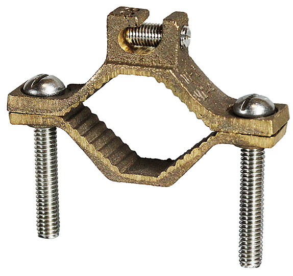 Bare Ground Clamp, 10 SOL to 2 STR conductor size, Bronze material, 1-1/4 to 2 in. pipe size, Direct Burial Lay in Feature