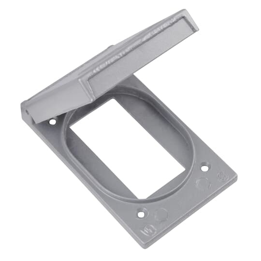 1 Gang Device Box Cover, Die Cast Aluminum, GFCI Receptacle Vertical, Box Mount, Rectangular Opening 2-21/32 Inch x 1-11/32 Inch, Raintight When Used with Appropriate Box, Gasket and Screws Included with Cover