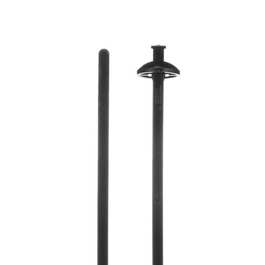 Panel and Chassis Mounting Cable Tie, Black Polyamide (Nylon 6.6) for Temperatures up to 85 Degrees Celsius (185 F) for Indoor Applications, Length of 243.84mm (9.6 Inches), Width of 5.59mm (0.22 Inch), Thickness of 1.65mm (0.65 Inch), Tensile Strength Rating of 289 Newtons (65 Pounds), Mounting Hole Size of 8.13 - 17.27mm (0.32 - 0.68 Inch), Bulk Pack