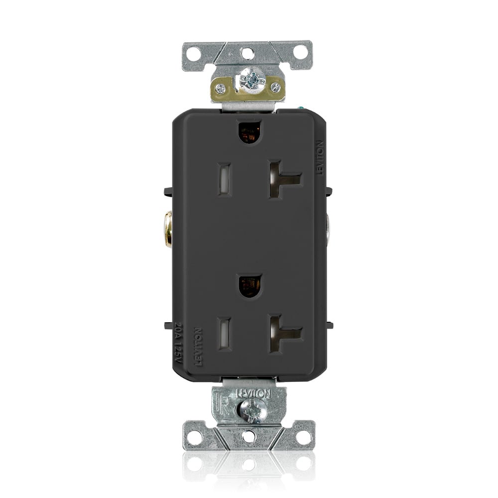 20 Amp, 125 Volt, Tamper Resistant, Decora Plus Duplex Receptacle, Straight Blade, Commercial Grade, Self Grounding, Black