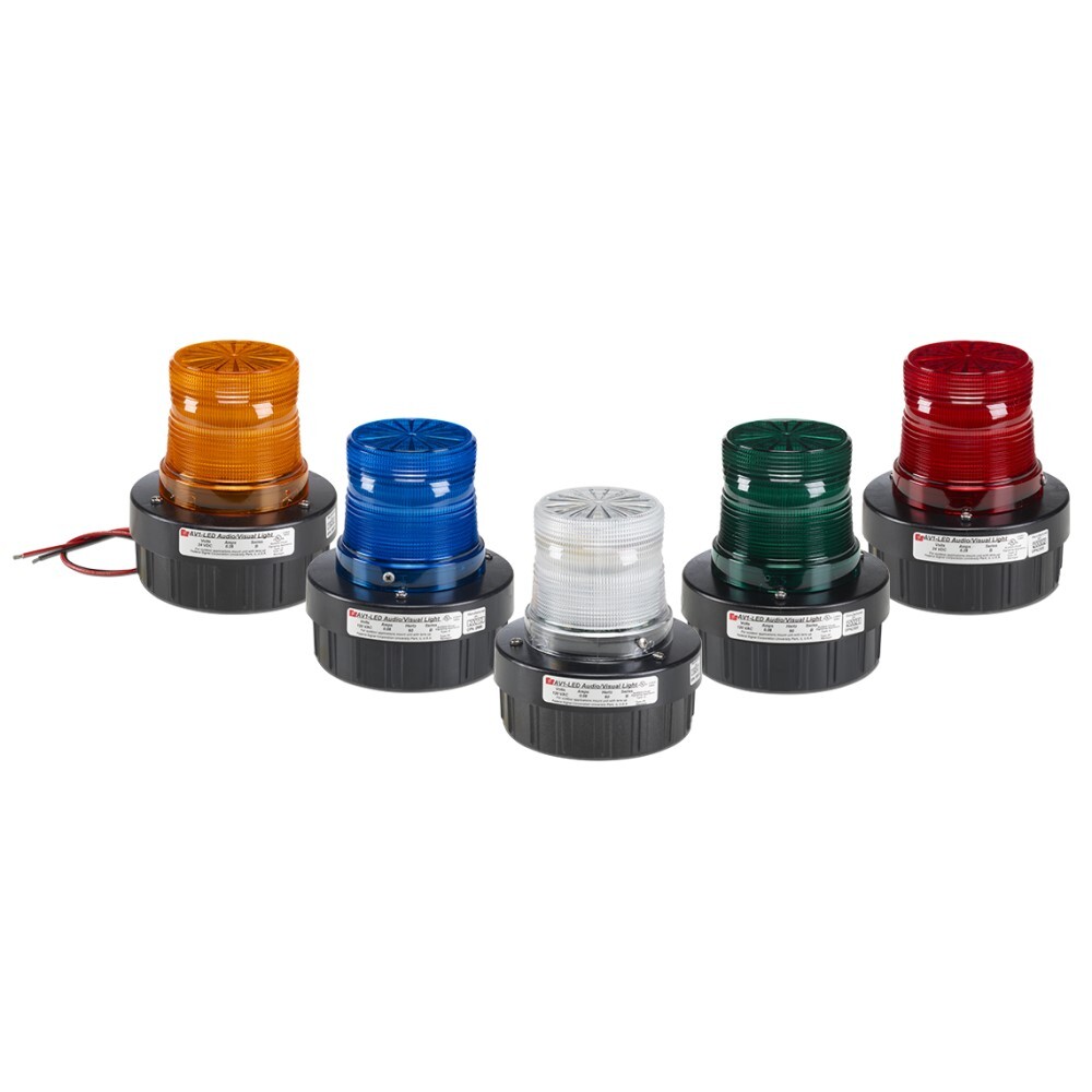 LED Flashing Combination Audible/Visual Signal, 24VDC, Amber - Available in 24VDC and 120VAC. 50,000 hour LED light source. Surface mount, integrated 1/2-inch NPT pipe mount and 4-inch electrical box mount. Five lamp/lens colors: Amber, Blue, Clear, Green and Red. Twist-off lens for easy access. Internal buzzer produces 85 dBA at 10 feet (95 dBA at 1m). PLC compatible. Type 3R enclosure. UL and cUL Listed.