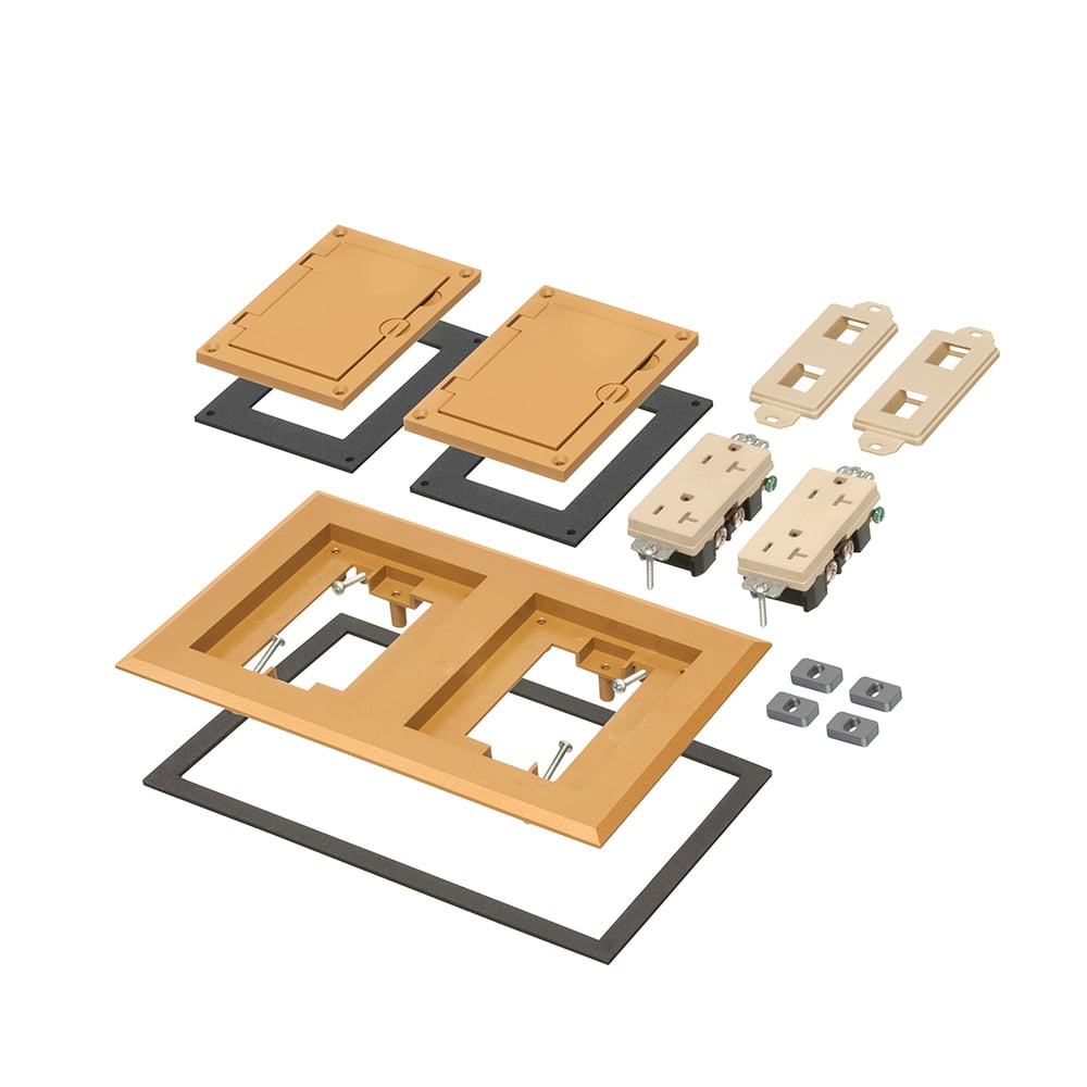 Caramel non-metallic two gang frame kit with (2) flip lid covers. Includes (2) 20A decorator style receptacles, (2) gaskets, low voltage insert and installation screws. Flip lid cover can be opened in any direction.