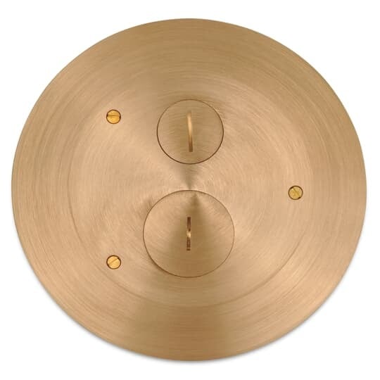 Furniture Feed Cover, 8 Inch Flange Diameter, 1 Inch and 1-1/2 Inch Threaded Plugs, Solid Brass with Brushed Finish, For Flush Service Round Floor Box, 140 Cubic Inches, Opening Diameter 5-31/32 Inches, Base Diameter 8-1/8 Inches, Depth 6 Inches, 1 Inch and 1-1/2 Inch Conduit Hubs, Non-Metallic, Minimum Concrete Depth Flush 4 Inches Furniture Feed 3-1/2 Inches