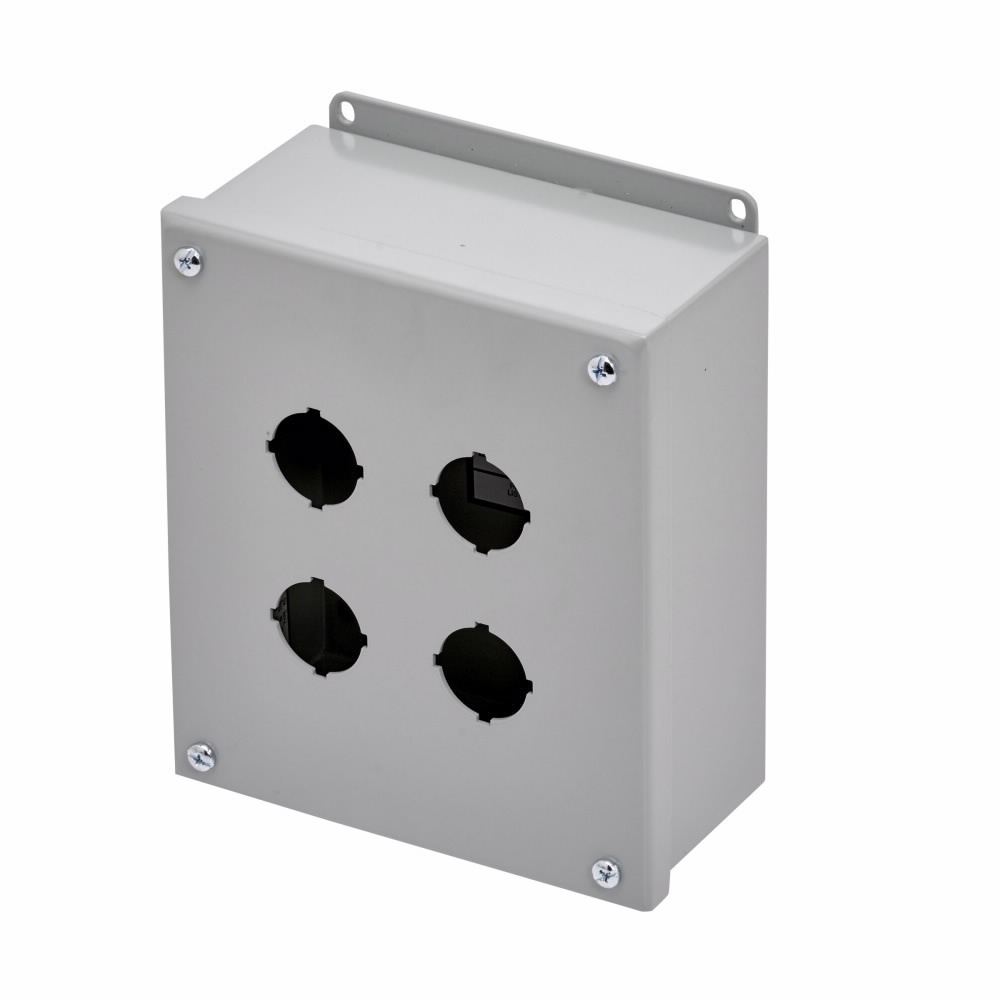 Eaton B-Line series push button enclosures, 7.25" height, 3" length, 3.25" width, NEMA 12, Hinged cover, PB enclosure, Surface mounted, Small single door, External mounting feet, Carbon steel, Oil-resistant gasket