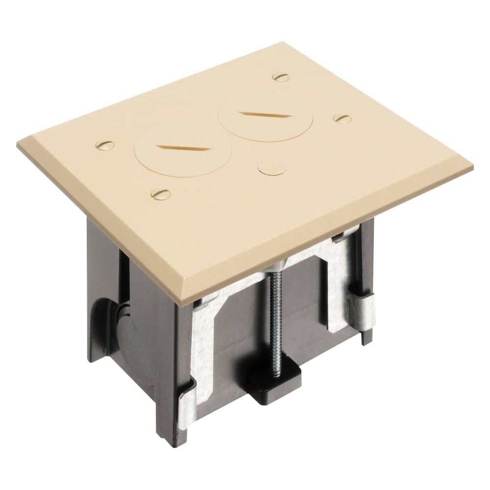 Non Metallic adjustable floor box. Light Almond with threaded plugs. Includes tamper resistant duplex receptacle, cover plate with gasket and Arlington NM94 connector and Arlington NM900 knockout plug.