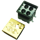 Tamper-Resistant Floor Box Assembly, Two #8 duplex openings, Four threaded screw plugs. Includes two 3232 15 amp, 125 volt tamper-resistant duplex receptacles. Brass.