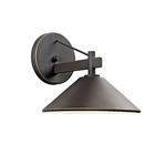 Bringing clean lines to a rustic look, the Ripley collection of outdoor lighting features an Olde Bronze finish that warms the smooth cone shape of this 1 light outdoor sconce. 10 inch width. Height 9.5 inches. Extension 11.5 inches. Rises 3 inches above the center of the wall opening. Uses 1 - 40W max (type R) or 1 - 60W (G type) bulb. UL listed for wet locations.  Dark sky compliant with use of R14 40W bulb.