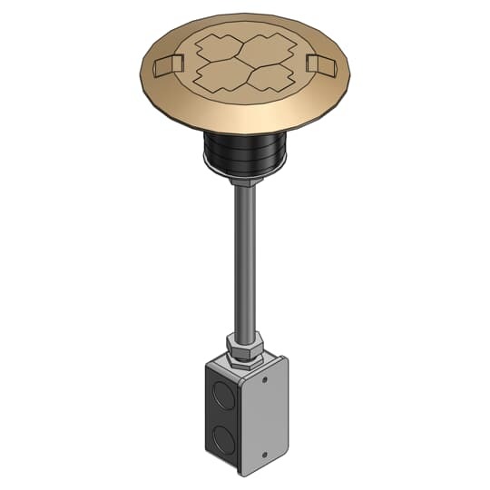 Poke-Through Base Unit, 3 Inch Drill Size, 16-1/4 Inch Length, 1/2 Inch and 3/4 Inch Knockouts, Galvanized Steel, with 1 20A Duplex Receptacle and 2 Data Jacks and Brushed Brass Cover with 7-1/2 Inch Diameter