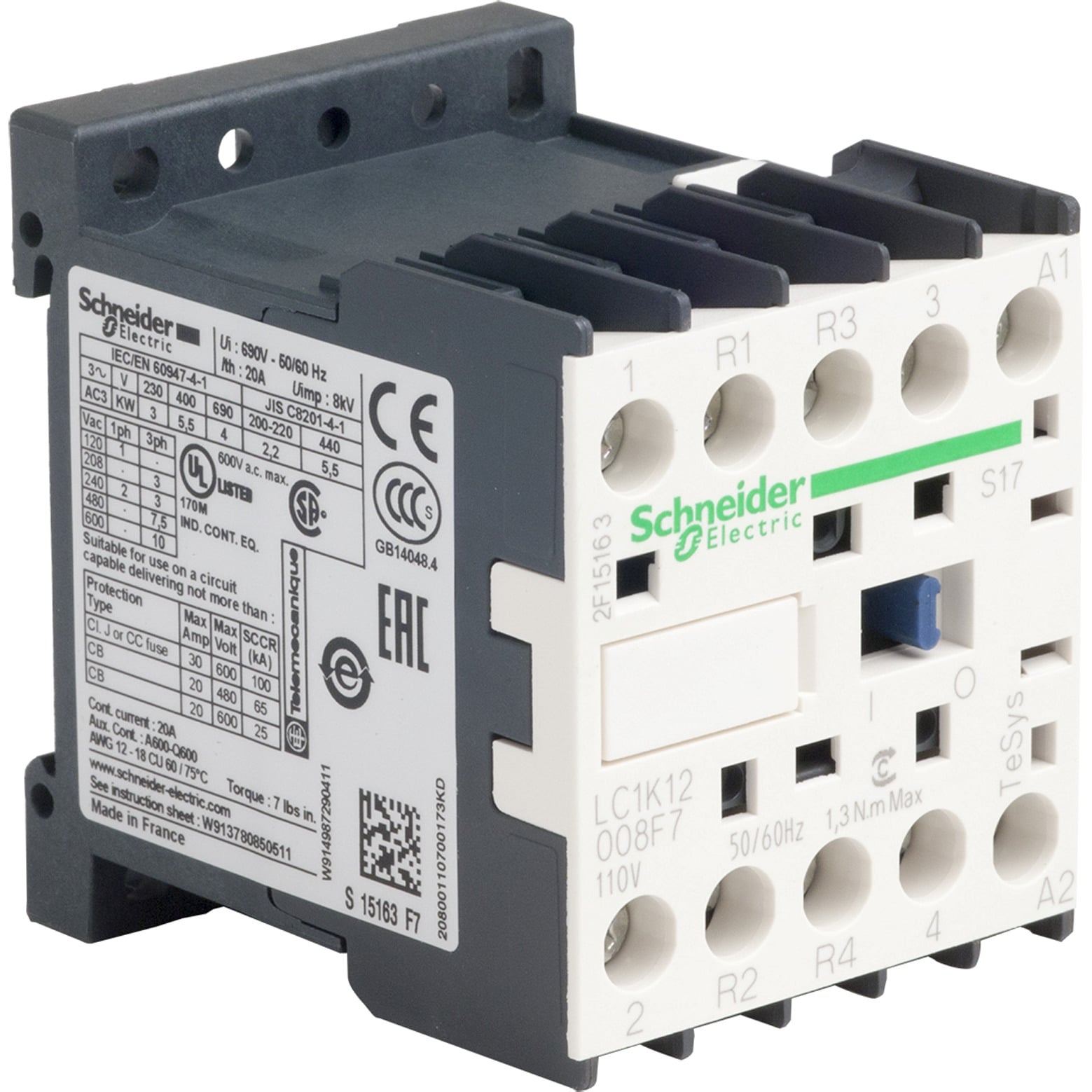 IEC contactor, TeSys K, nonreversing, 20A, 4 pole, 2 NO and 2 NC, 110VAC 50/60Hz coil, open style