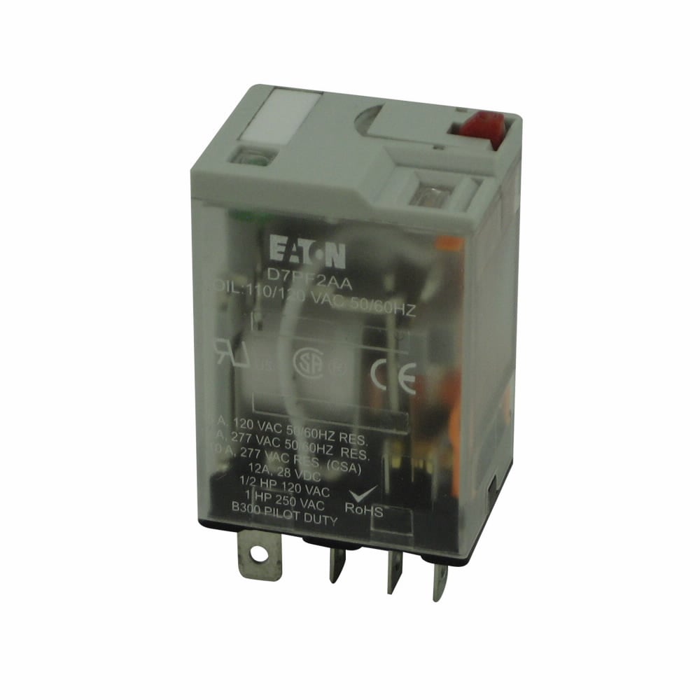 D7 Series General Purpose Plug-In Relay, Full featured cover, 120V coil, 4430 Ohms resistance, Plug-in terminal, DPDT contact configuration, 15A contact rating, Silver alloy contacts, IP40 enclosure