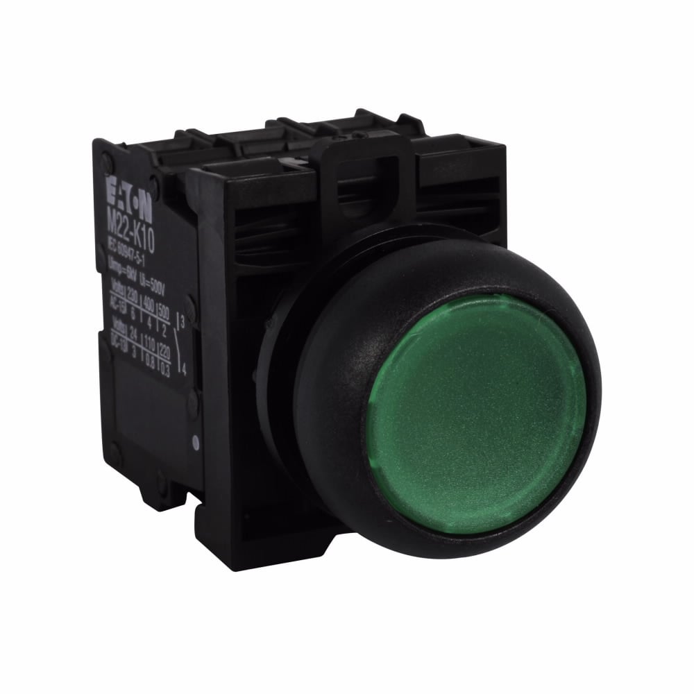 Eaton M22 modular pushbutton, Complete Device, 22.5 mm, Flush, Momentary, Illuminated, Bezel: Black, Button: Green, 1NO-1NC, IP67, IP69K, NEMA 4X, 13, 12-30 Vac/dc
