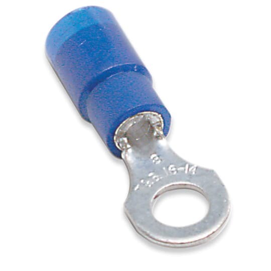 Nylon Insulated Expanded Entry Ring Terminal, Length .95 Inches, Width .31 Inches, Maximum Insulation .190, Bolt Hole #8, Wire Range #18-#14 AWG, Color Blue, Copper, Tin Plated