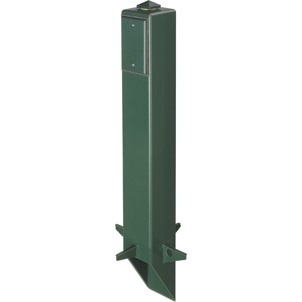 Gard-N-Post. 26" support for outdoor light fixtures or GFCI devices outdoors. Openings on both sides of post for back to back power or power on one side and low voltage on the other. Built in stabilizers for extra stability. Openings in stabilizers allow for insertion of extra support material. Angle Cut post for easy access to underground wiring. Two 1/2" Knockouts. Color Green. Color is permanent, no chipping.