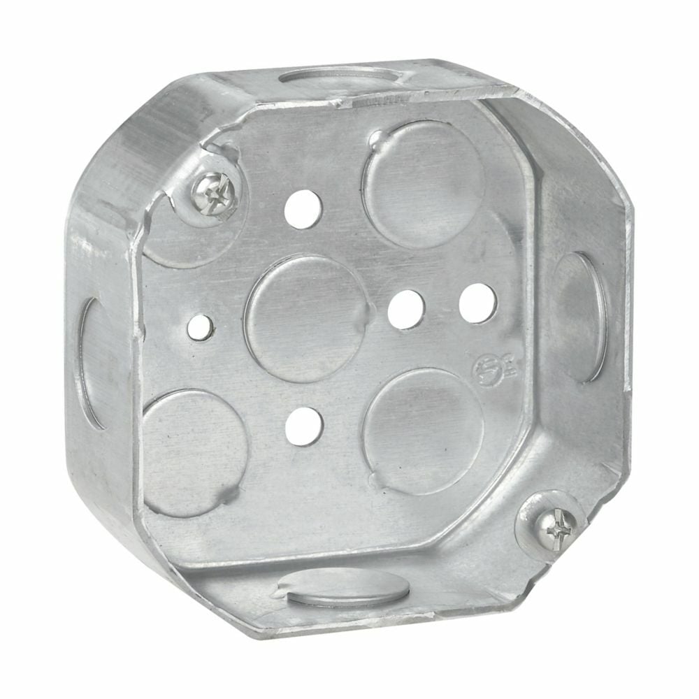 Eaton Crouse-Hinds series Octagon Outlet Box, (3) 1/2", (2) 3/4", 4", Conduit (no clamps), 1-1/2", Steel, (2) 1/2", (2) 3/4", Fixture rated, 15.5 cubic inch capacity