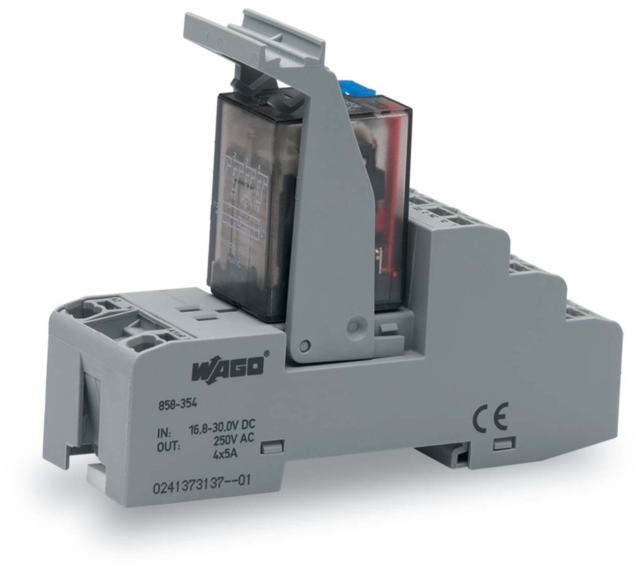 Relay module; Nominal input voltage: 24 VDC; 4 changeover contacts; Limiting continuous current: 5 A; with manual operation; Railway; Red status indicator; Module width: 31 mm