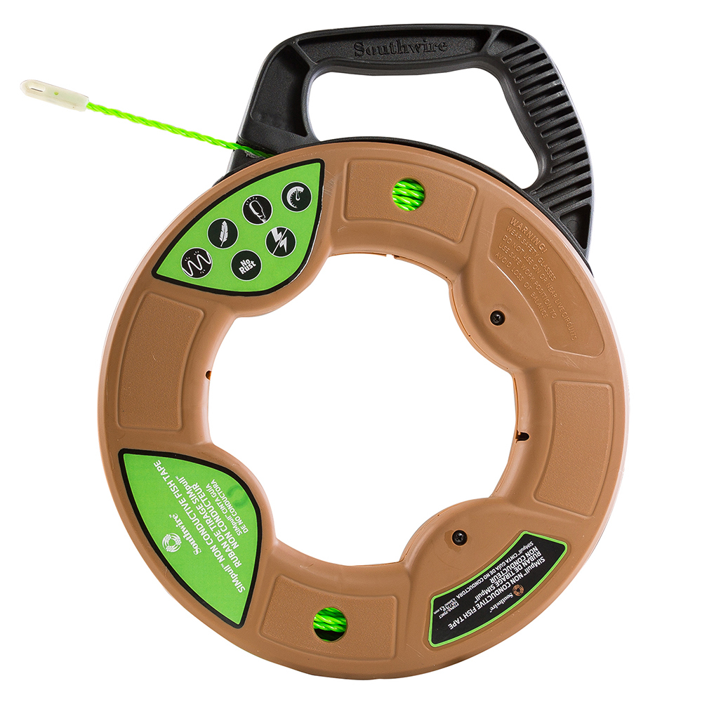 The SIMPULL Fish Tape 4.5mm 75 ft. Non Conductive Tip, Large Case features a spiral extruded polymer design reduces the amount of effort required to push or pull the fish tape through EMT or PVC conduit