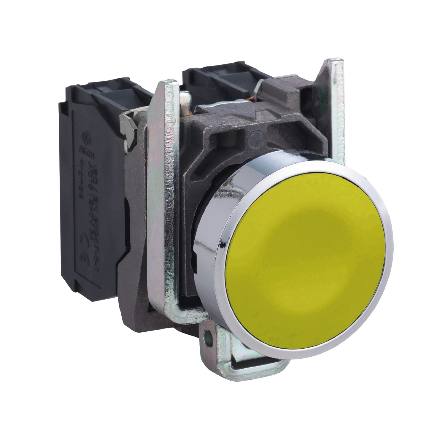 Push button, Harmony XB4, yellow flush, metal, 22mm, spring return, 1NO + 1NC, unmarked