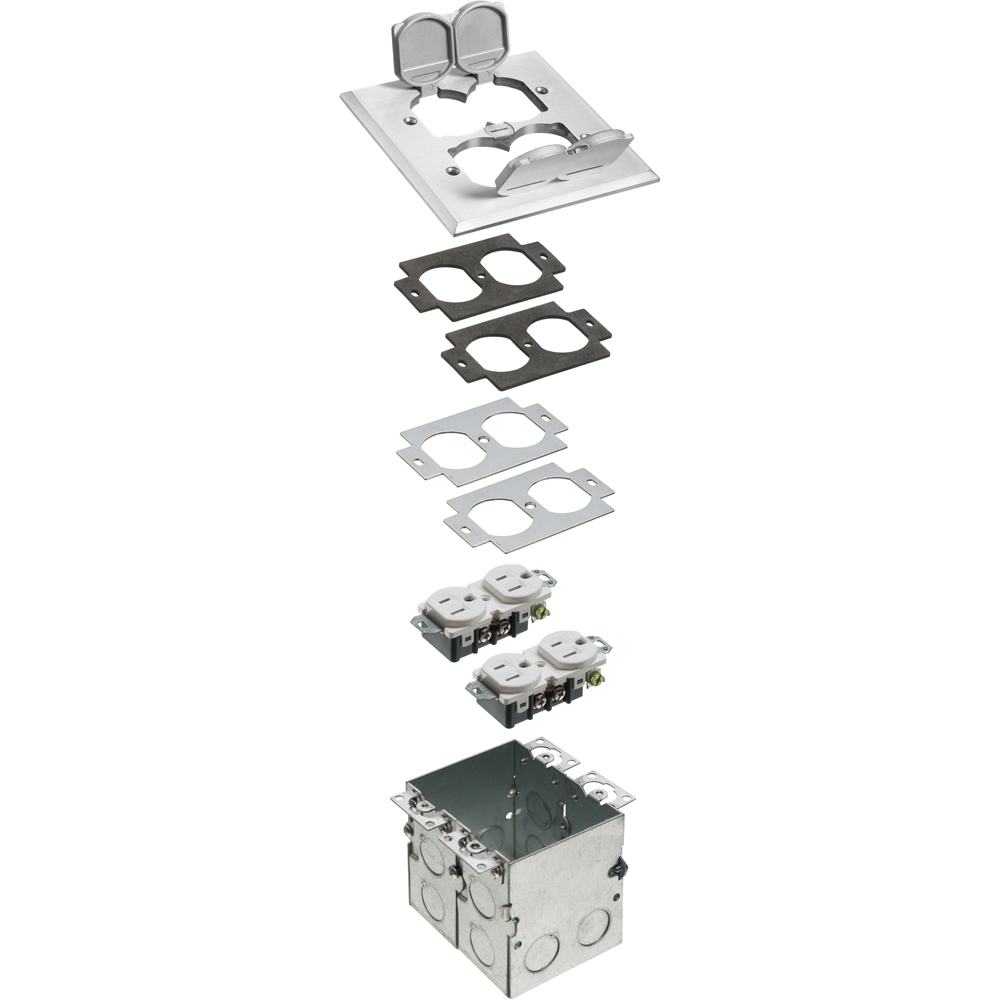 Floor box kit with steel box and metal cover with four flip lids. 2 Gang with gasket and two tamper resistant receptacle. Nickel.