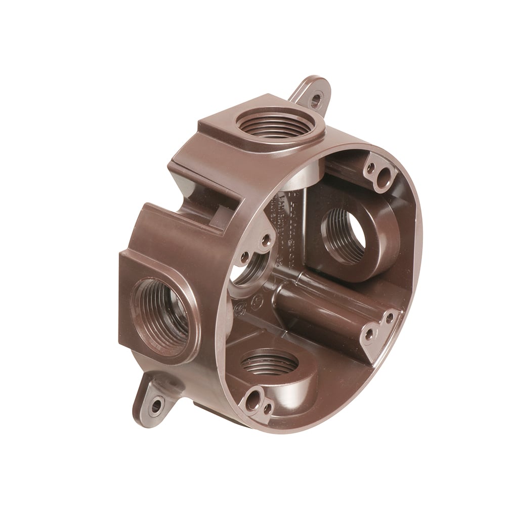 Brown non metallic box with 21.8 cu. in. Comes with (4) 3/4" NPT plugs. (2) 1/2" to 3/4" reducing bushings and (2) #12x3 " screws.