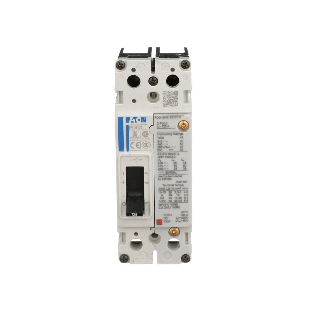 Eaton Power Defense molded case circuit breaker, Globally Rated, Frame 1, Two Pole, 50A, 18kA/480V, T-M (Fxd-Fxd) TU, Standard Line and Load (PDG1X2T125)