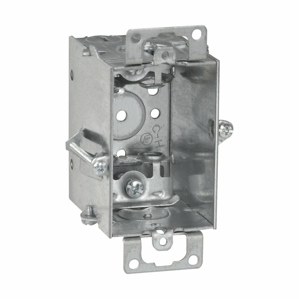 Eaton Crouse-Hinds series Switch Box, (1) 1/2", Hold-Tite, 2, AC/MC clamps, 2-1/2", Steel, Ears, Gangable, 12.5 cubic inch capacity