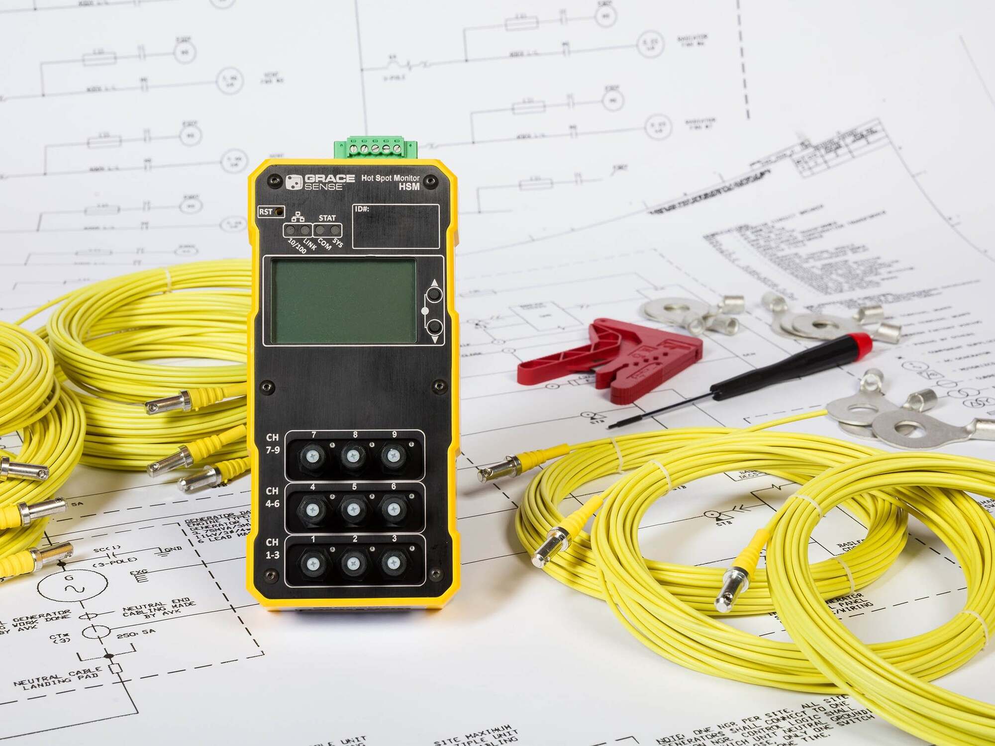 GraceSense Hot Spot Monitor (HSM) Temperature Monitoring Module with 9 monitoring points with 15 meter fibers, LCD screen display and Ethernet/IP Communication