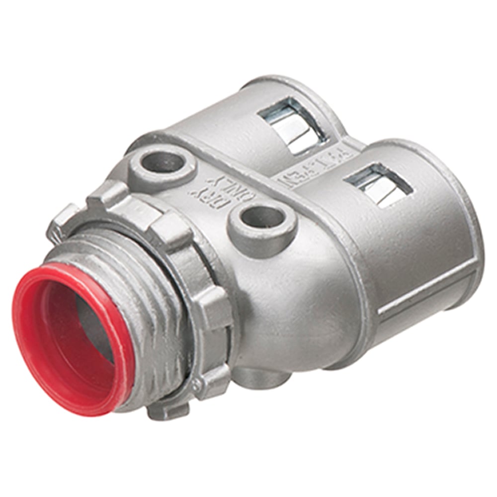 Duplex zinc die-cast, 1/2" Knockout MC cable connector snaps quickly on to the conduit with an internal spring steel clip and then secures into knockout with locknut. Concrete tight when taped. Provided with insulated throat.