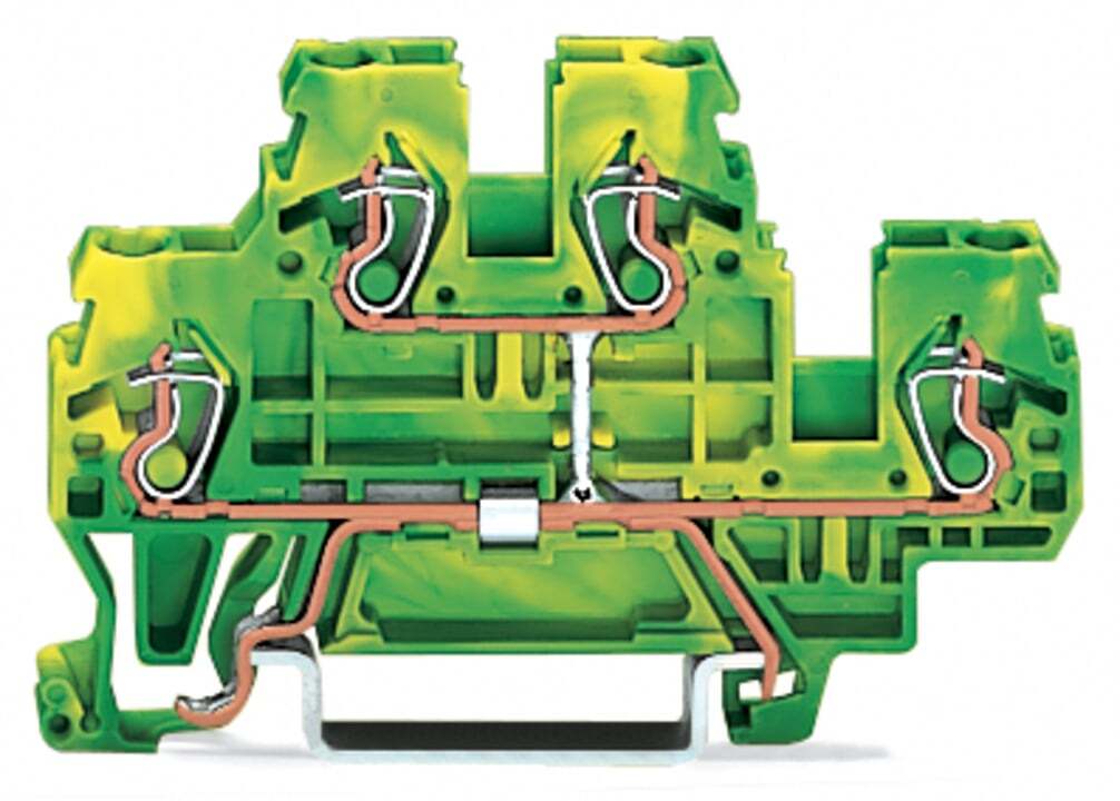 Double-deck terminal block; 4-conductor ground terminal block; 2.5 mm; PE; without marker carrier; internal commoning; for DIN-rail 35 x 15 and 35 x 7.5; CAGE CLAMP; 2,50 mm; green-yellow