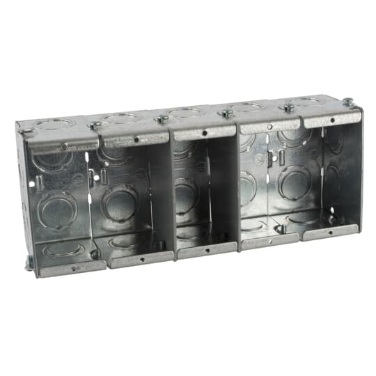 Gangable Masonry Box, 79.0 Cubic Inches, 3-3/4 Inches Long x 9-3/16 Inches Wide x 2-1/2 Inches Deep, 1/2 Inch and 3/4 Inch Knockouts, Pre-Galvanized Steel, For use with Conduit