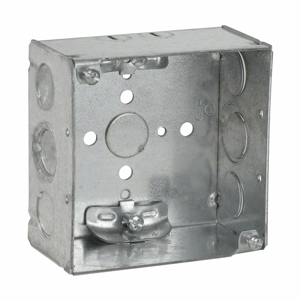 Eaton Crouse-Hinds series Square Outlet Box, (1) 1/2", 4", 4, NM clamps, Welded, 2-1/8", Steel, (4) 1/2", (2) 1/2", (1) 3/4" E, 30.3 cubic inch capacity
