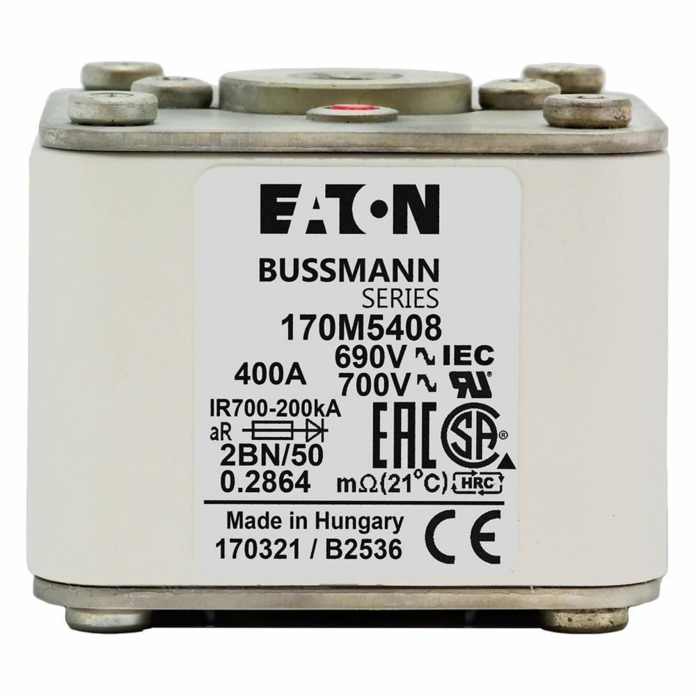 Eaton Bussmann series high speed square body fuse, 700V (UL), 690V (IEC), 400A, 200 kAIC, Top fuse status indicator, Fuse, Class aR, Flush - 170M5408