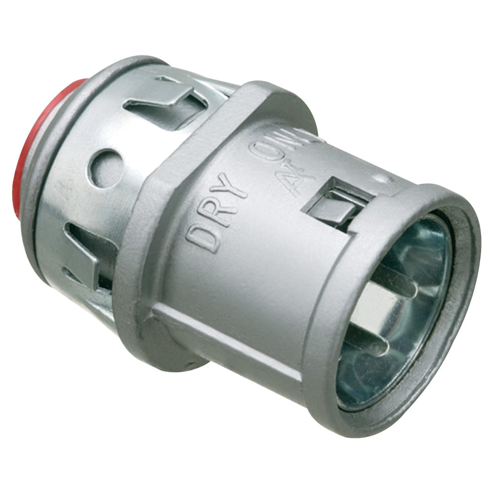 Zinc die-cast, 1/2" Knockout MC cable connector snaps quickly on to the conduit with an internal spring steel clip and then snaps into knockout with an external spring steel clip, no tools required. Concrete tight when taped. Provided with insulated throat.
