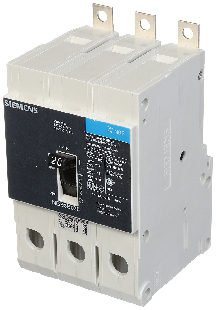  LOW VOLTAGE PANELBOARD MOUNT G FRAME CIRCUIT BREAKER WITH THERMAL - MAGNETIC TRIP. UL LISTED NGB FRAME WITH STANDARD BREAKING CAPACITY. 20A 3-POLE (14KAIC AT 600Y/347V) (25KAIC AT 480Y/277V). SPECIAL FEATURES MOUNTS ON PANELBOARD, LOAD SIDE LUGS ONLY (TC1Q1) WIRE RANGE 14 - 10 AWS (CU/AL). DIMENSIONS (W x H x D) IN 3 x 5.4 x 2.8.