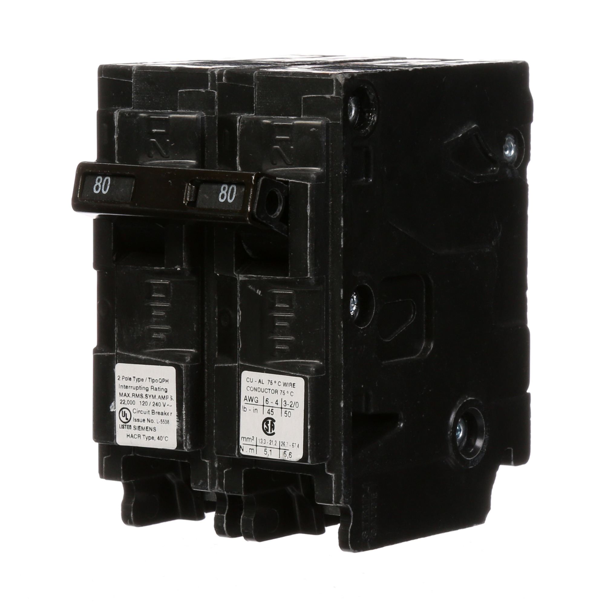 Low Voltage Residential Circuit Breakers Miniature Thermal Mag Circuit Breakers - Type QP/MP, 2-Pole, 120/240VAC are Circuit Protection Load Center Mains, Feeders, and Miniature Circuit Breakers. Type QP/MP Application Electrical Distribution Standard UL 489 Voltage Rating 120/240V Amperage Rating 80A Trip Range Thermal Magnetic Interrupt Rating 22 AIC Number Of Poles 2P