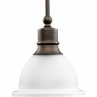 The Madison collection features etched glass with transitional elements. Simplified vintage style. One-light stem-hung mini-pendant with white etched glass. Antique Bronze finish.