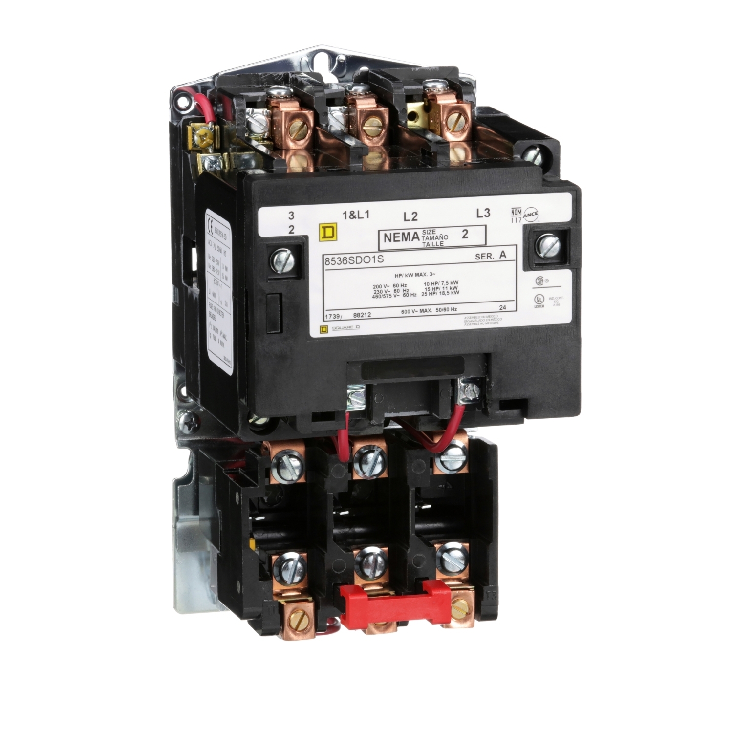 NEMA Motor Starter, Type S, nonreversing, Size 2, 45A, 25 HP at 460 VAC, 5 kA SCCR, 3 phase, 3 pole, melting alloy, 480 VAC coil, open