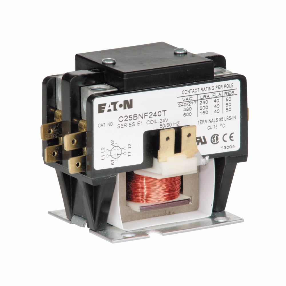 Eaton definite purpose contactor, Quick, 40A, 277 Vac, 60 Hz, Open with metal mounting plate, Compact, two-pole, 40A, Contactor, Two-pole, 50A, Box lugs (posidrive setscrew) and quick connect terminals (side-by-side), Non-reversing