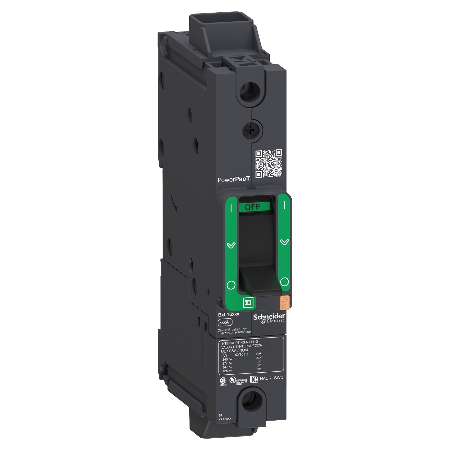 Circuit breaker, PowerPacT B, 15A, 1 pole, 600Y/347VAC, 14kA, lugs, thermal magnetic, 80%