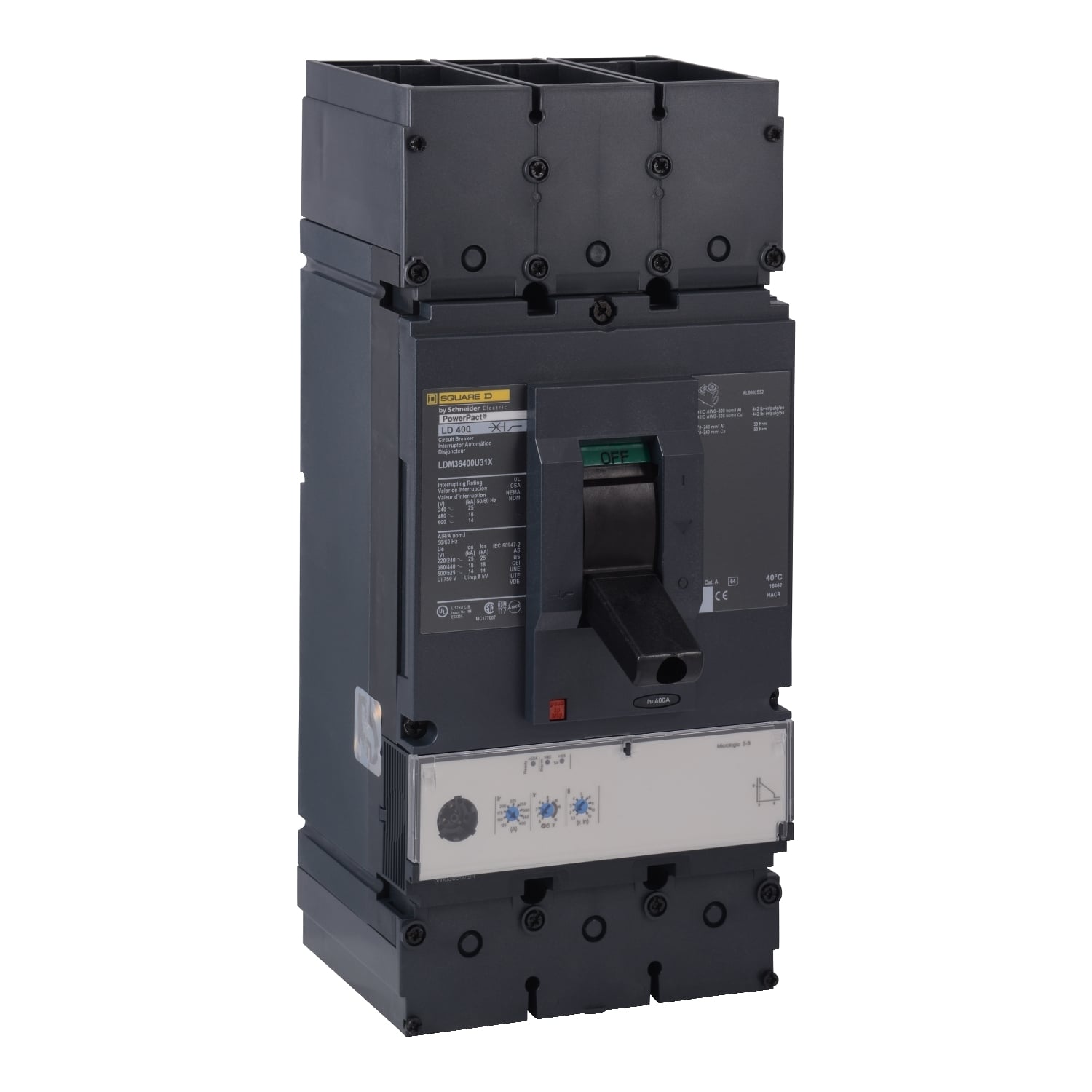 Circuit breaker, PowerPacT L, 400A, 3 pole, 600VAC, 14kA, lugs, MicroLogic 3.3, 80%