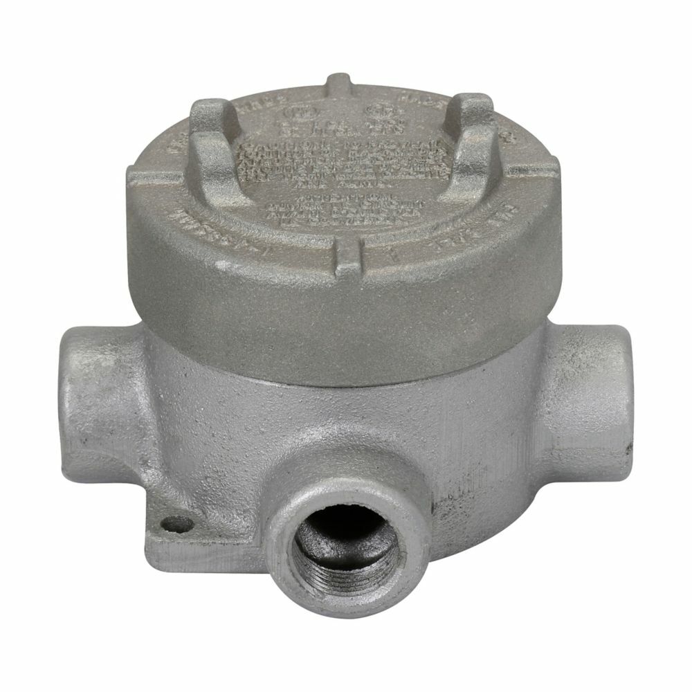 Eaton Crouse-Hinds series Condulet EAJ conduit outlet box with cover, 3-3/16" cover opening diameter, Feraloy iron alloy, T shape, 1/2"