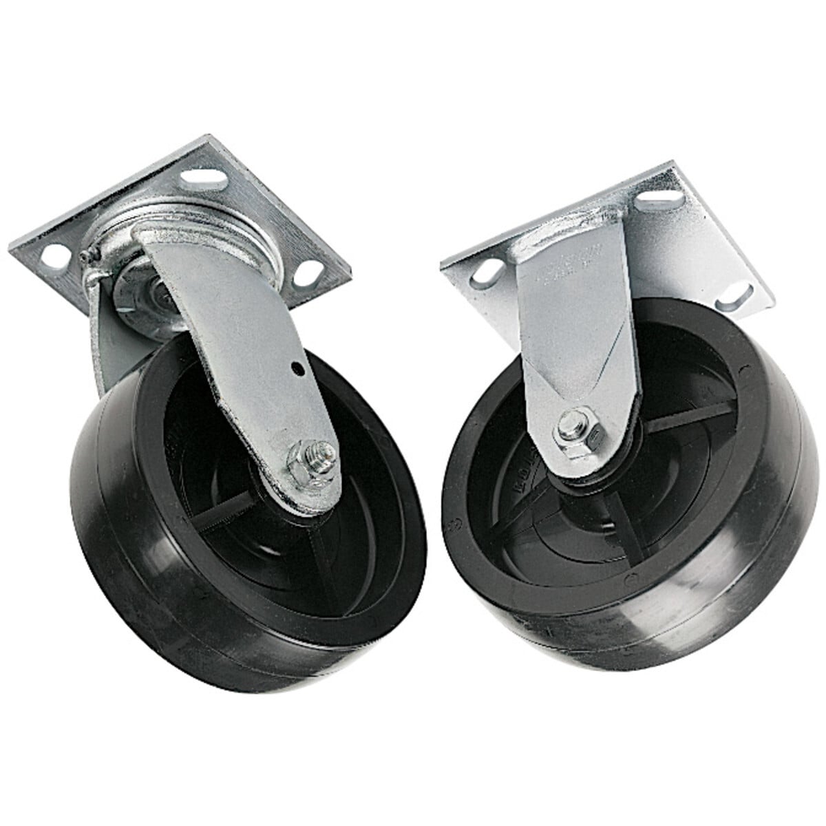 Casters, Two (2) Swivel and Two (2) Rigid 6" with 2000 Pound Capacity.  Caster bolt pattern 2-7/8" x 3-1/4".  Polyolefin-injected molded hard casters: stain-resistant, chemical-resistant, and non-marking.