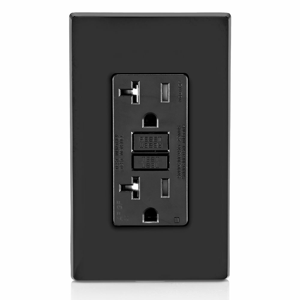 20 Amp, 125 Volt Dual Function AFCI/GFCI Receptacle, 20 Amp Feed-Through, Tamper-Resistant, Monochromatic, back and side wired, nylon wallplate/faceplate, screws and self-grounding clip included  Black